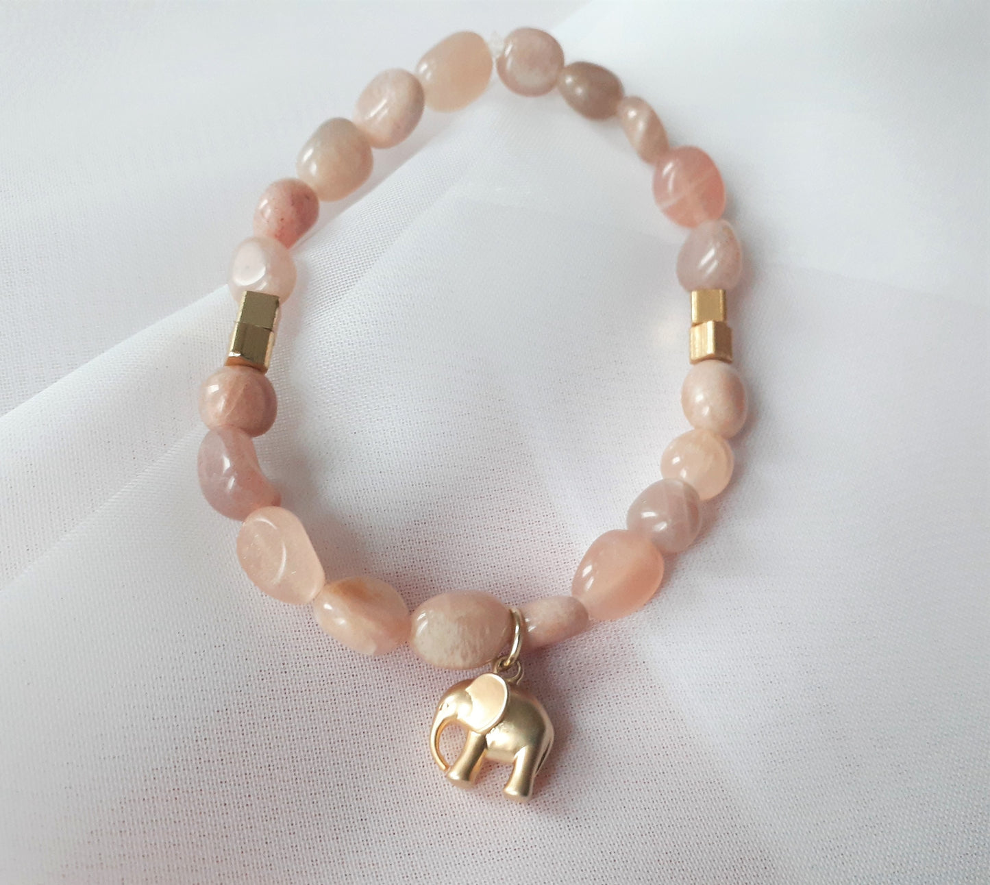 Gold African Elephant Bracelet with Moonstone Beads