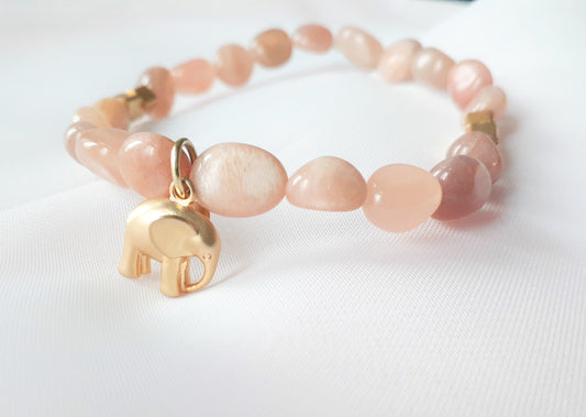Gold African Elephant Bracelet with Moonstone Beads