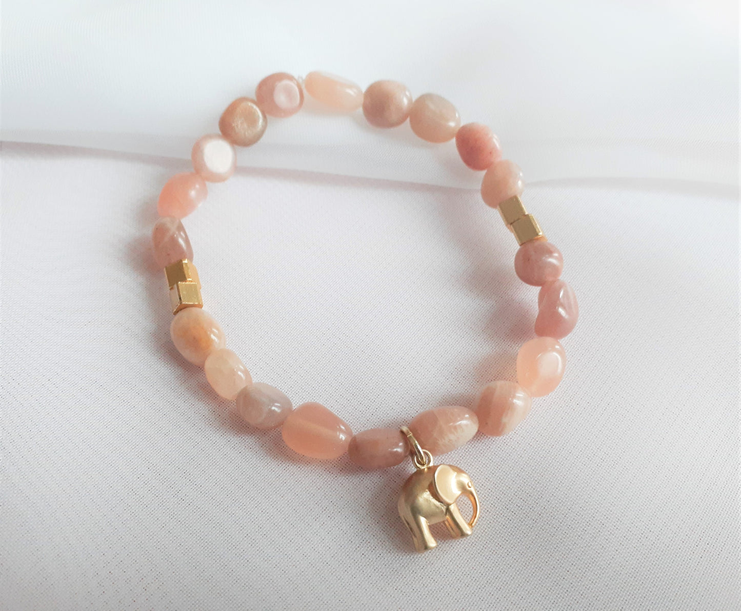 Gold African Elephant Bracelet with Moonstone Beads