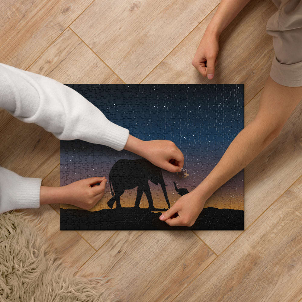 Starry Night Elephants Jigsaw Puzzle | Elephant Puzzle | Mama and Baby Elephant Puzzle | Fun Animal Puzzle | 520 Piece Jigsaw Puzzle for Adults | 252 Piece Jigsaw Puzzle for Adults | Family Games