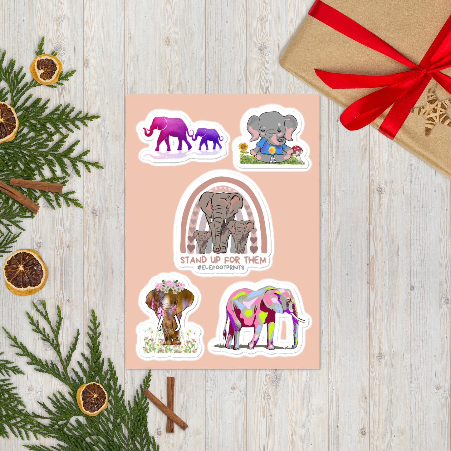 Five Piece Elephant Sticker Sheet | Laptop Sticker Sheet with Elephants | Elephants on Sticker Sheet | Notepad Stickers | Phone Case Stickers