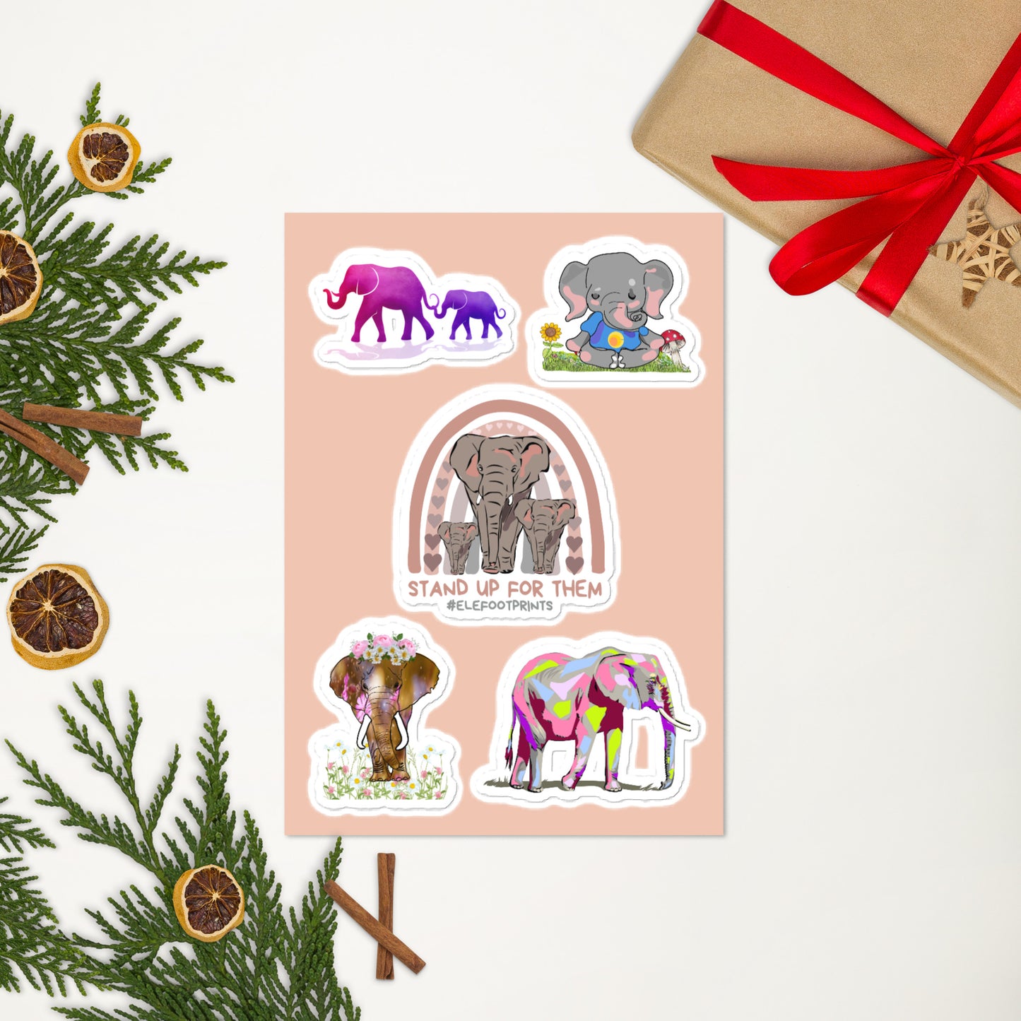 Five Piece Elephant Sticker Sheet | Laptop Sticker Sheet with Elephants | Elephants on Sticker Sheet | Notepad Stickers | Phone Case Stickers