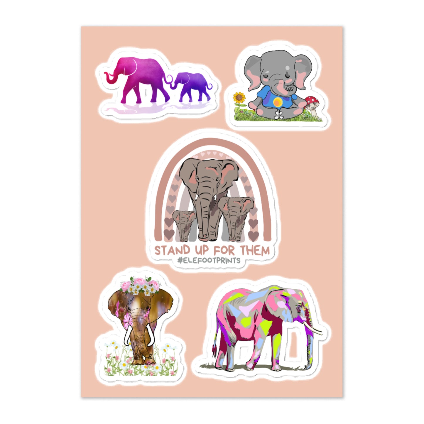 Five Piece Elephant Sticker Sheet | Laptop Sticker Sheet with Elephants | Elephants on Sticker Sheet | Notepad Stickers | Phone Case Stickers