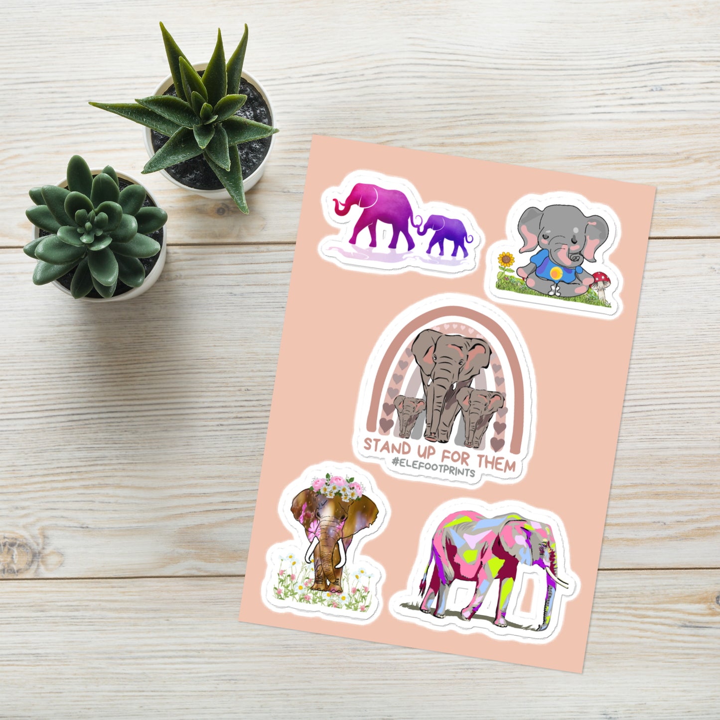 Five Piece Elephant Sticker Sheet | Laptop Sticker Sheet with Elephants | Elephants on Sticker Sheet | Notepad Stickers | Phone Case Stickers