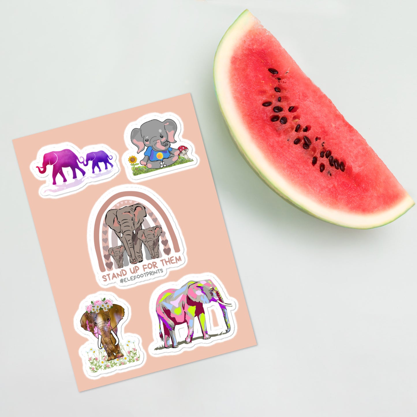 Five Piece Elephant Sticker Sheet | Laptop Sticker Sheet with Elephants | Elephants on Sticker Sheet | Notepad Stickers | Phone Case Stickers