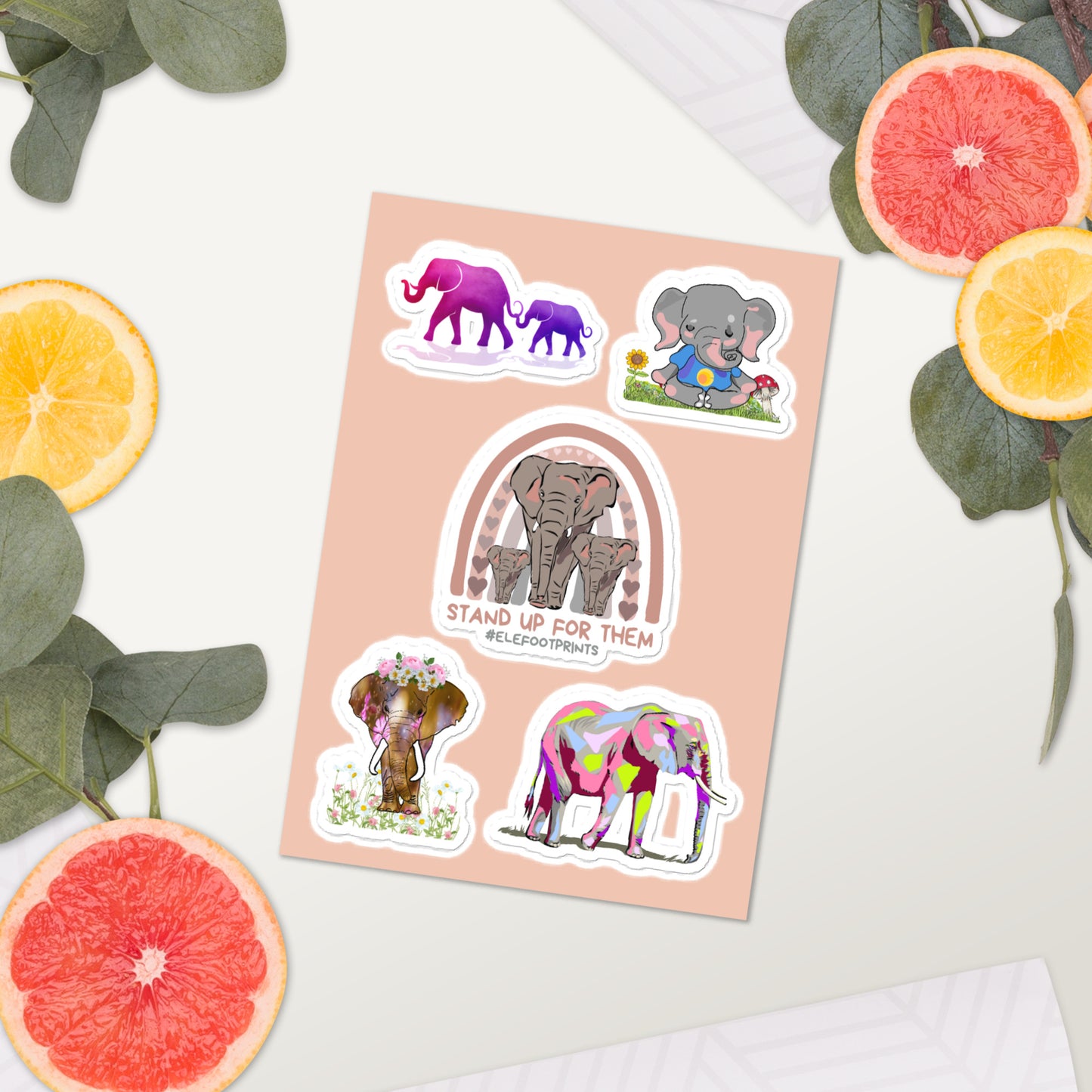 Five Piece Elephant Sticker Sheet | Laptop Sticker Sheet with Elephants | Elephants on Sticker Sheet | Notepad Stickers | Phone Case Stickers