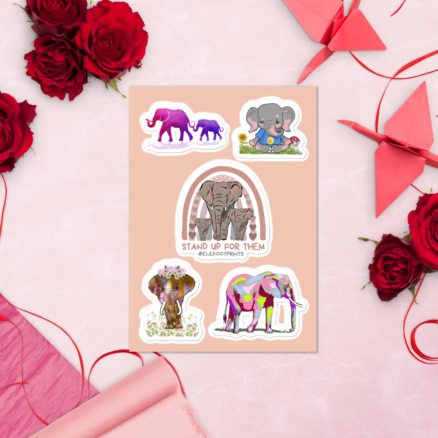 Five Piece Elephant Sticker Sheet | Laptop Sticker Sheet with Elephants | Elephants on Sticker Sheet | Notepad Stickers | Phone Case Stickers