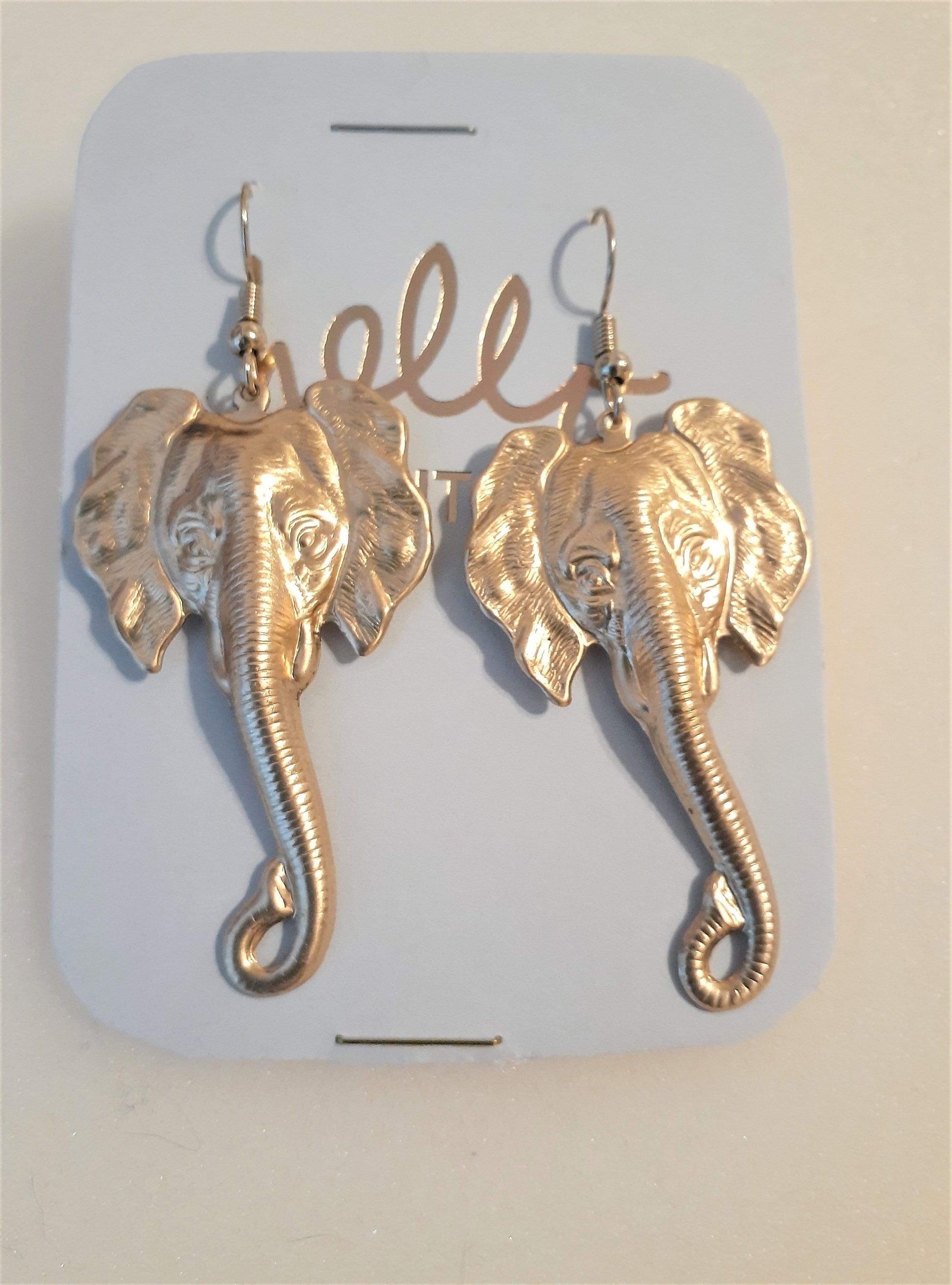 Large Elephant Brass Earrings - Matte Gold Plated Brass and Brass Studs Earrings Gold Plated Earrings on Fish hooks