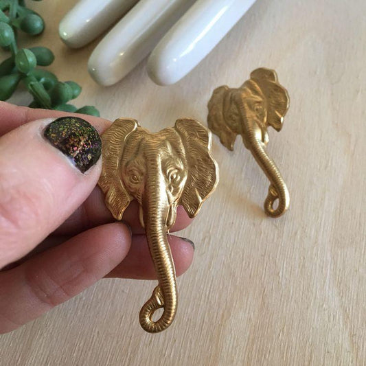 Large Elephant Head Brass Earrings - Matte Gold Plated Brass and Brass Studs Earrings Brass Studs