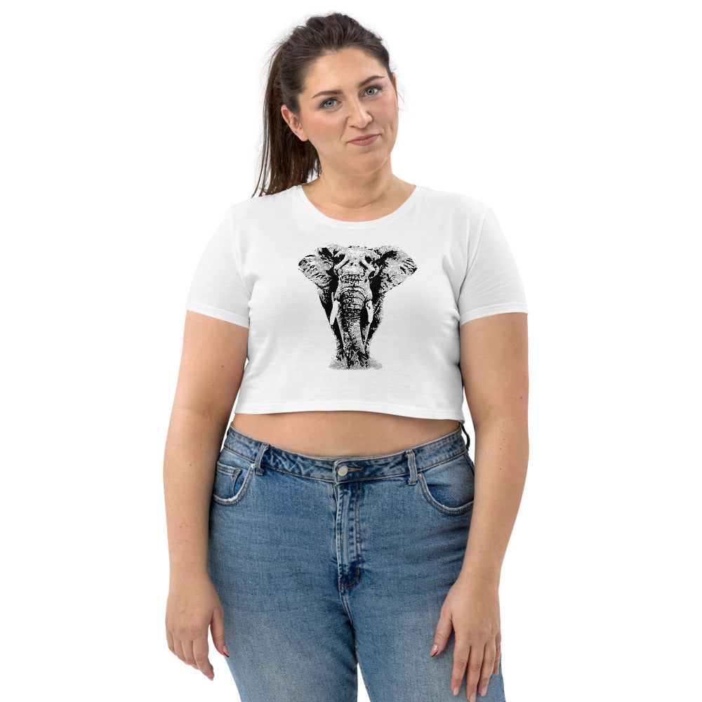 White Organic Jumbo Elephant Women's Crop Top - Eco Friendly Shirt