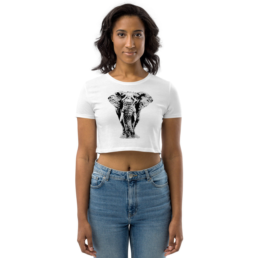 White Organic Jumbo Elephant Women's Crop Top - Eco Friendly Shirt