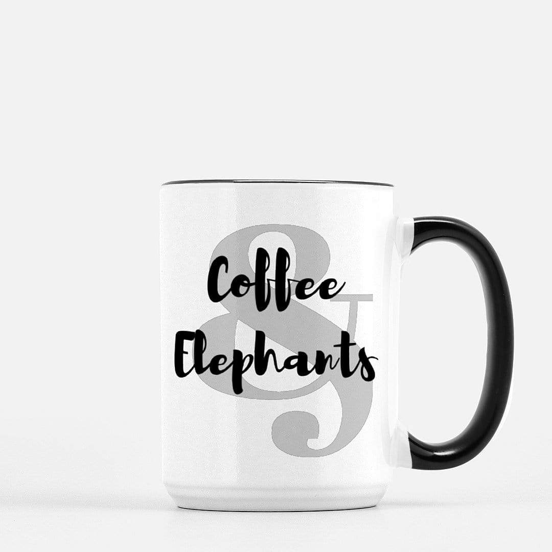 Personalized Elephant Mug - Coffee and Elephants (Black + White Accent Coffee Mug) Elephant Gift