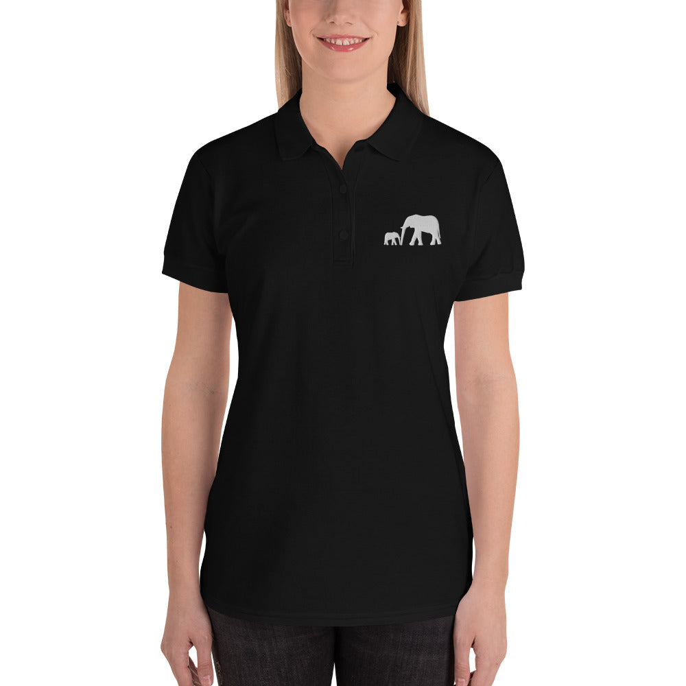 Embroidered Women's Polo Shirt with Mama and Baby Elephants
