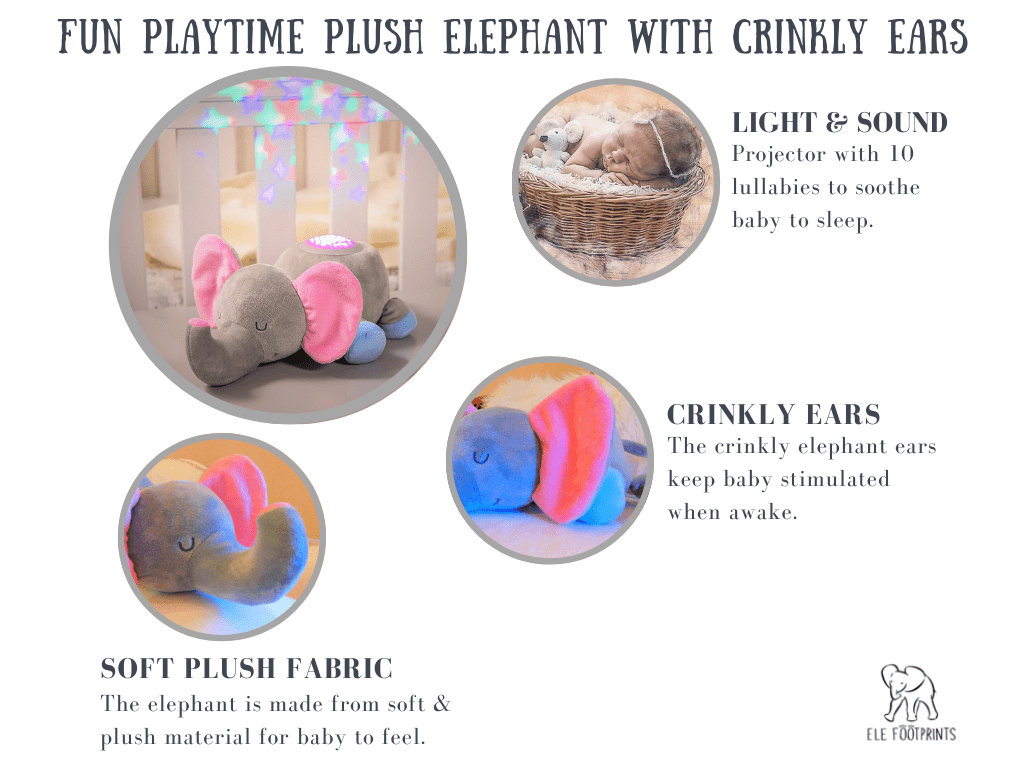Soothing Elephant with Light & Sound - Plush Elephant for Baby with Crinkly Ears Baby Projector with Sound