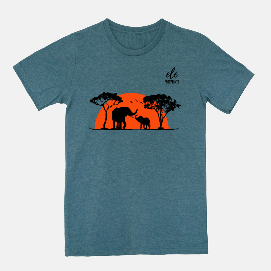 Unisex Elephant T-Shirt - African Safari Sunset with Mama and Baby Elephants