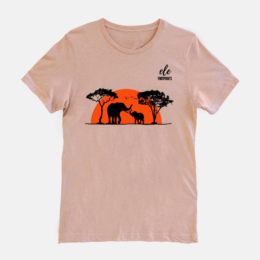 Unisex Elephant T-Shirt - African Safari Sunset with Mama and Baby Elephants
