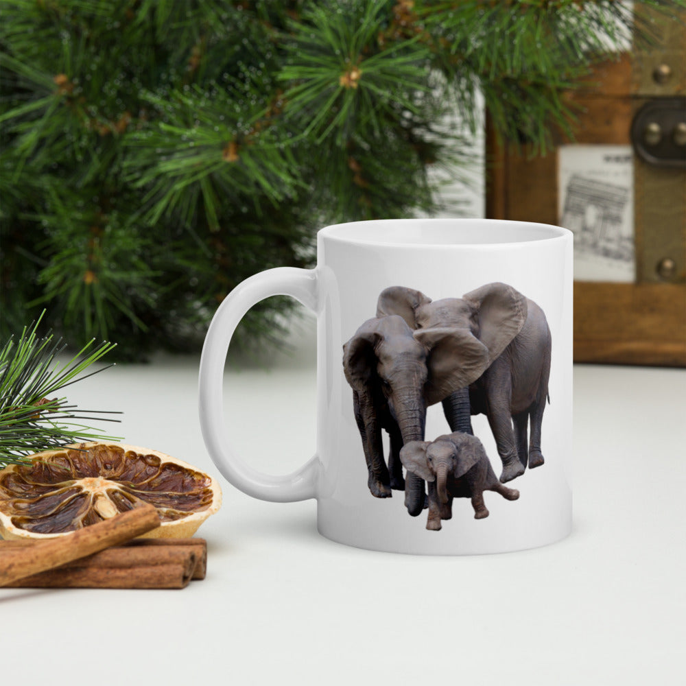White Glossy Elephant Mug with Elephant Family - 11 Ounce Mug with Elephants