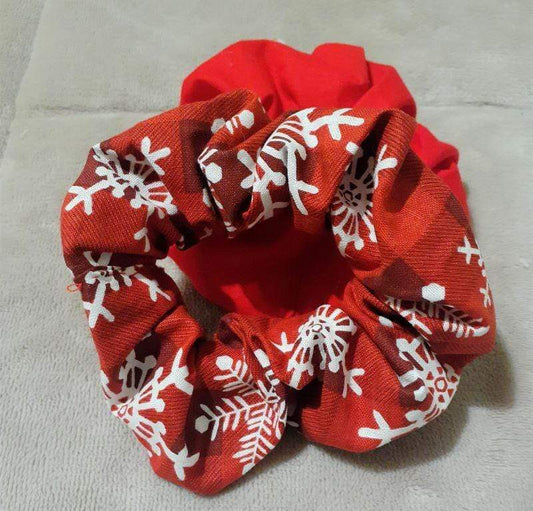 White Snowflakes + Bright Red Scrunchies - Set of Two Scrunchies White Snowflakes with Bright Red