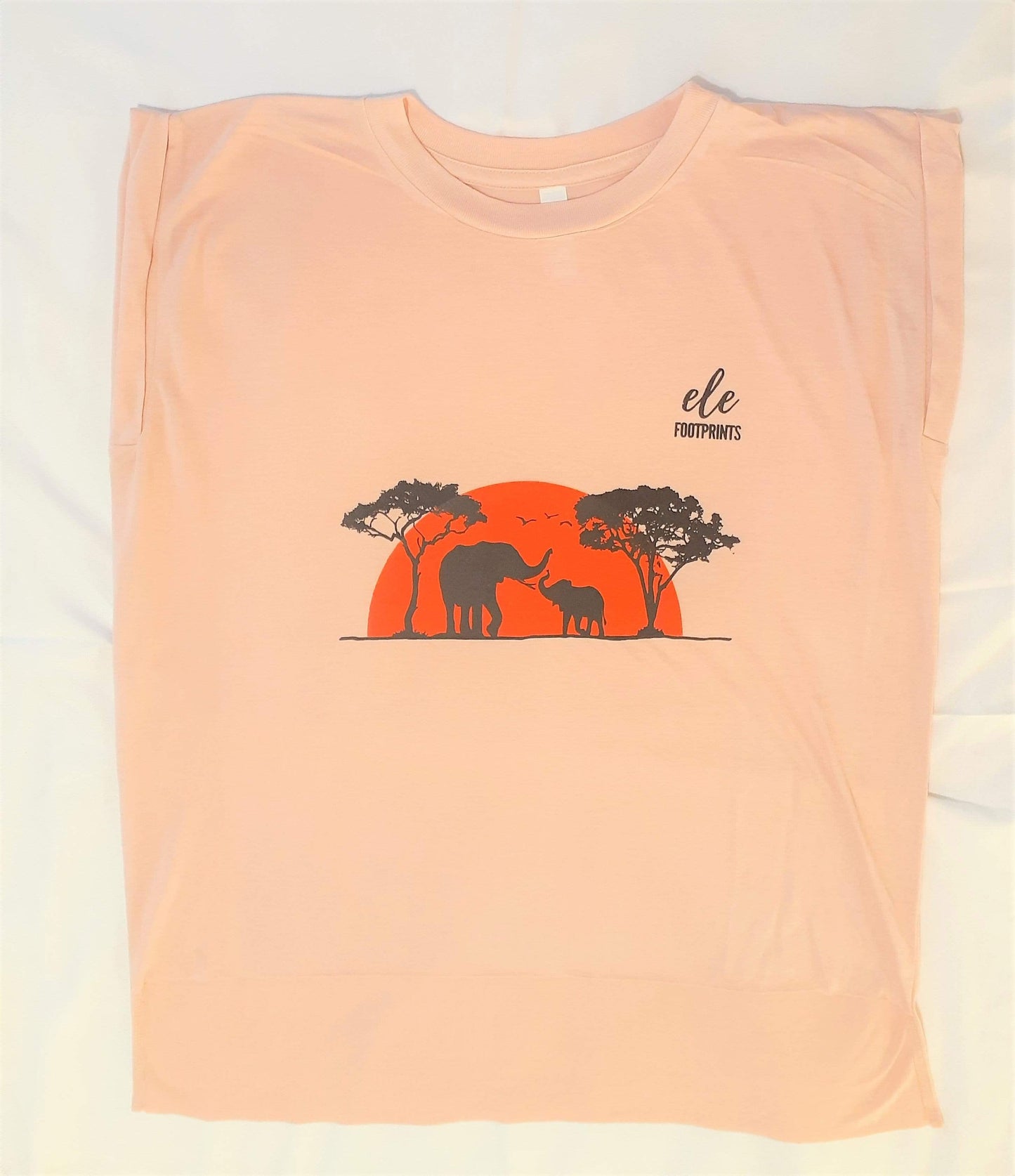 Women's Elephant Rolled Cuff T-Shirt - African Safari Sunset with Mama and Baby Elephants