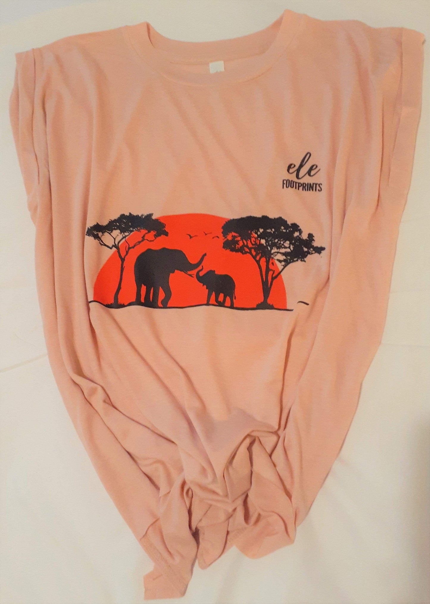 Women's Elephant Rolled Cuff T-Shirt - African Safari Sunset with Mama and Baby Elephants